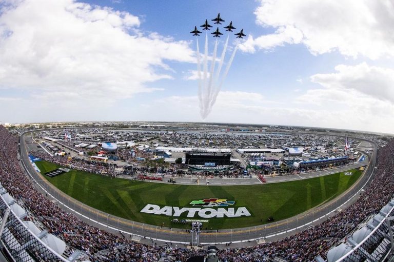 Daytona International Speedway celebrating 74 years of NASCAR and 70 years of the Thunderbirds in 2023. Photo credit Daytona International Speedway Facebook 768x511