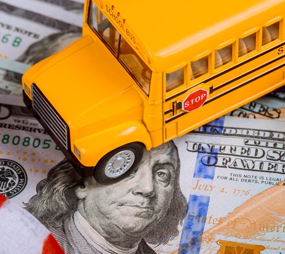 Toy,Yellow,School,Bus,And,Us,Flag,,Dollar,Cash,Money