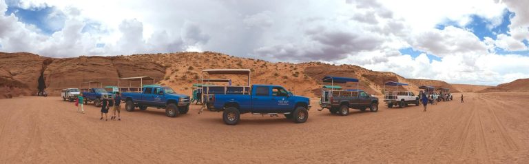 Antelope Canyon Navajo Tours stretch of vehicles. Photo credit Antelope Canyon Navajo Tours Facebook 768x238