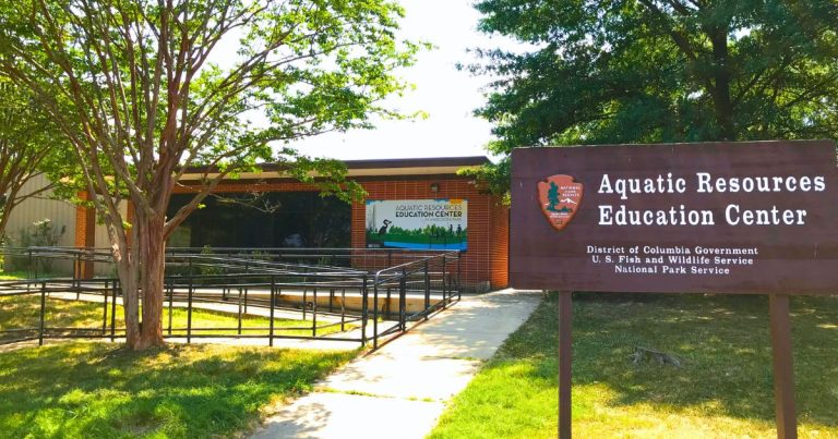 Aquatic Resources Education Center ouside welcome sign. Photo credit DOEE Aquatic Resources Education Center AREC 768x403