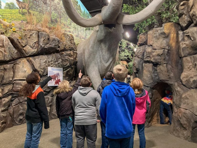 Columbia Gorge Discovery Center Museum kids marveling at a wooly mammoth fossil. Photo credit Columbia Gorge Discovery Center Museum Facebook 768x576