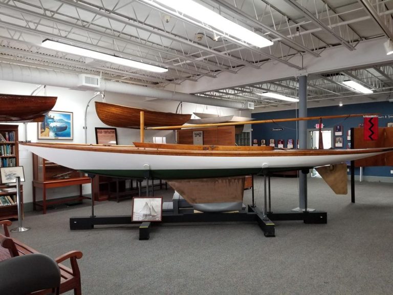 Herreshoff Marine Museum indoor exhibit. Photo credit Herreshoff Marine Museum Americas Cup Hall of Fame Facebook 768x576