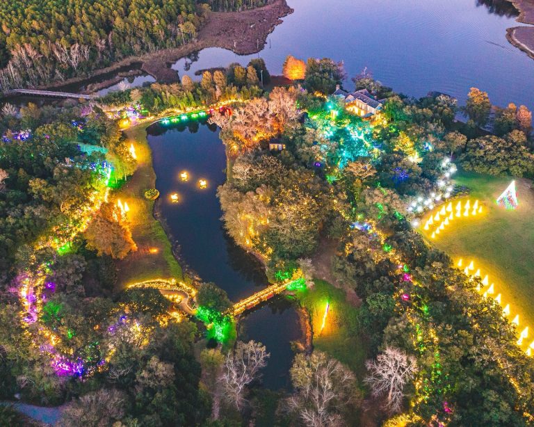 Bellingrath Gardens Home aerial view during Christmas Lights transformation. Photo credit Bellingrath Gardens Home Facebook 768x614
