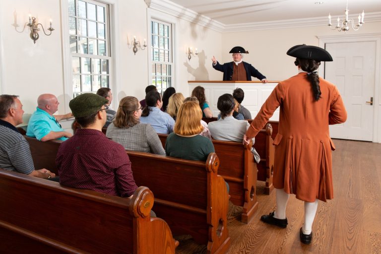 Boston Tea Party Ships Museum mock Boston Town Meeting. Photo credit Boston Tea Party Ships Museum Facebook 768x512