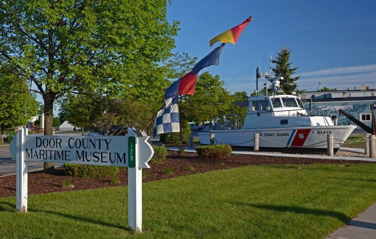 Door County Maritime Museum Lighthouse Preservation Society Inc. museum sign and entrance. Photo credit Door County Maritime Museum Lighthouse Preservation Society Inc. Facebook 768x489