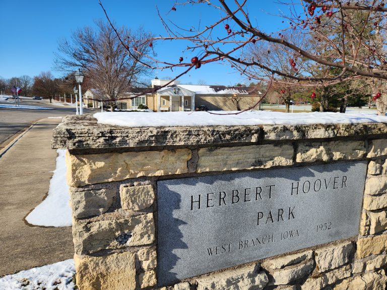 Herbert Hoover Presidential Library and Museum exterior park sign. Photo credit Herbert Hoover Presidential Library and Museum Facebook 768x576