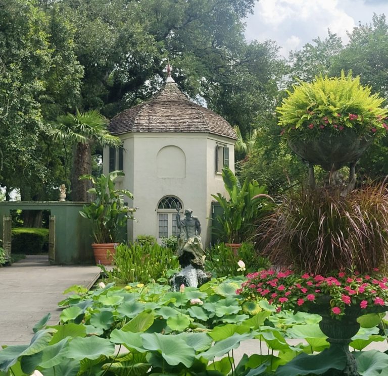 Houmas House and Gardens Neptune Courtyard with lotus and waterlily gardens. Photo credit Houmas House and Gardens Facebook 768x745