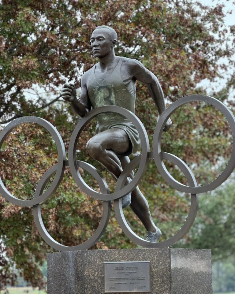 Jesse Owens Museum park sculpture of Jesse Owens. Photo credit Jesse Owens Museum Facebook 768x961