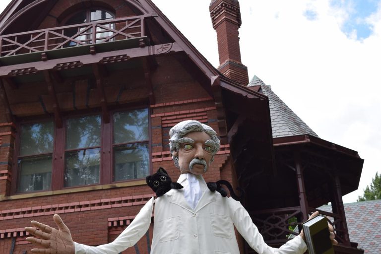 Mark Twain House Museum exterior with Mark Twain. Photo credit The Mark Twain House Museum Facebook 768x512