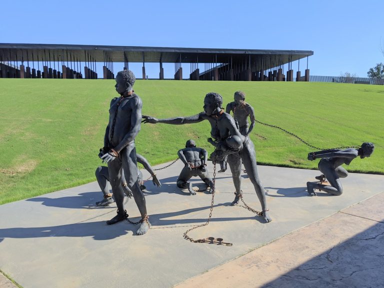 National Memorial for Peace and Justice outdoor sculpture exhibit. Photo credit The National Memorial for Peace and Justice Facebook 768x576