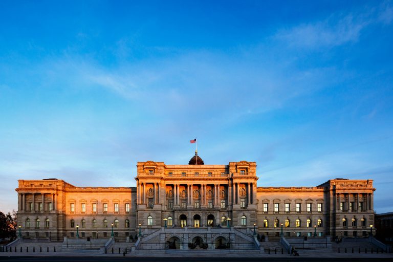 The Library of Congress in DC exterior view. Photo credit The Library of Congress Facebook 768x512