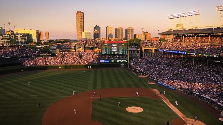 Wrigly Field sunset game. Photo credit Bianca Alward Lillich via Wrigley Field Facebook 768x430
