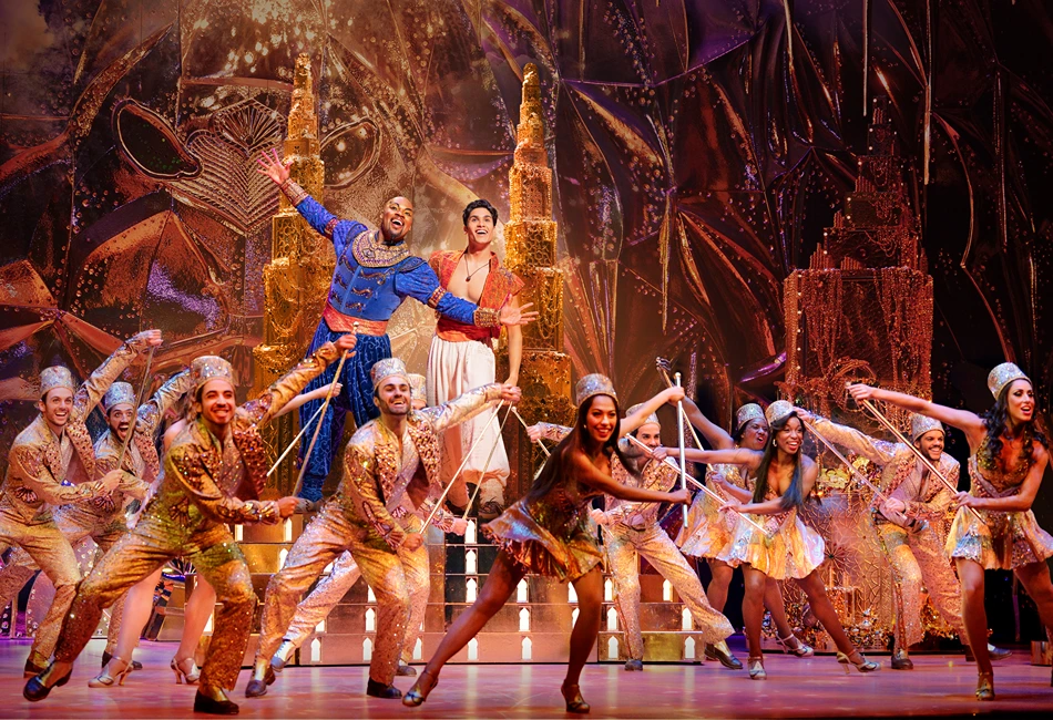Michael James Scott (Genie) and Adi Roy (Aladdin) in Aladdin on Broadway photo by Evan Zimmerman