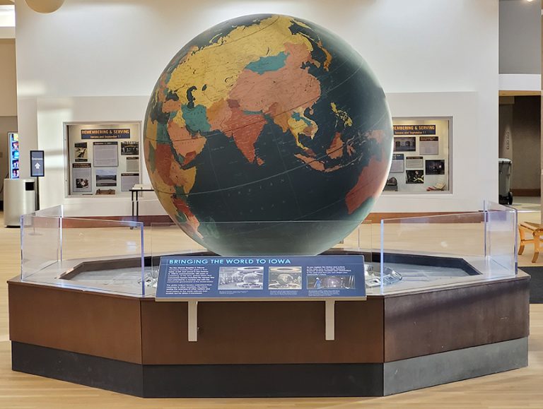 State Historical Society of Iowa The Des Moines Register Globe exhibit. Photo credit State Historical Society of Iowa Facebook 768x579