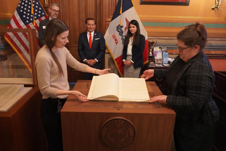 State Historical Society of Iowa original 1857 Iowa Constitution at the State Capitol. Photo credit State Historical Society of Iowa Facebook 768x512