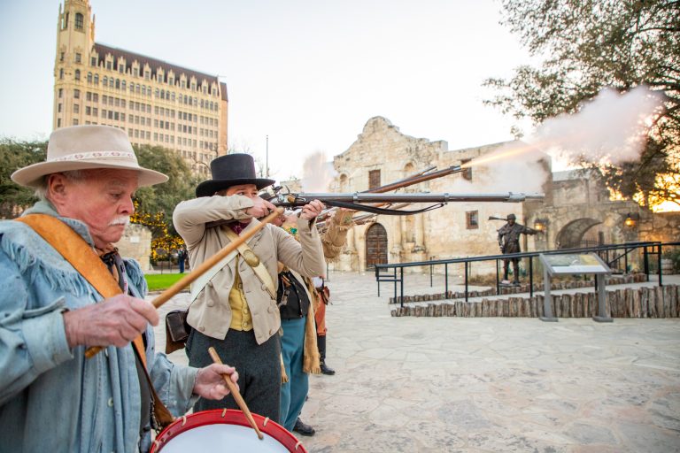 The Alamo 189th anniversary of the fall of the Alamo demonstration. Photo credit The Alamo Facebook 768x512