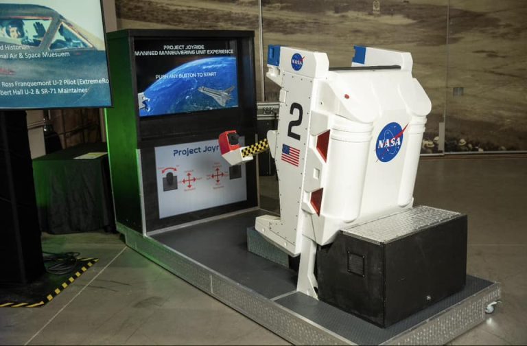Tulsa Air and Space Museum TASM Manned Manueving Unit interactive museum exhbit. Photo credit Tulsa Air and Space Museum TASM Facebook 768x504