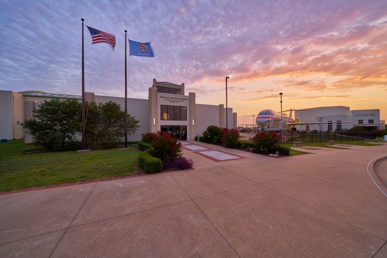Tulsa Air and Space Museum TASM exterior view of building at sunset. Photo credit CHRISTOPHER BRYAN 768x512